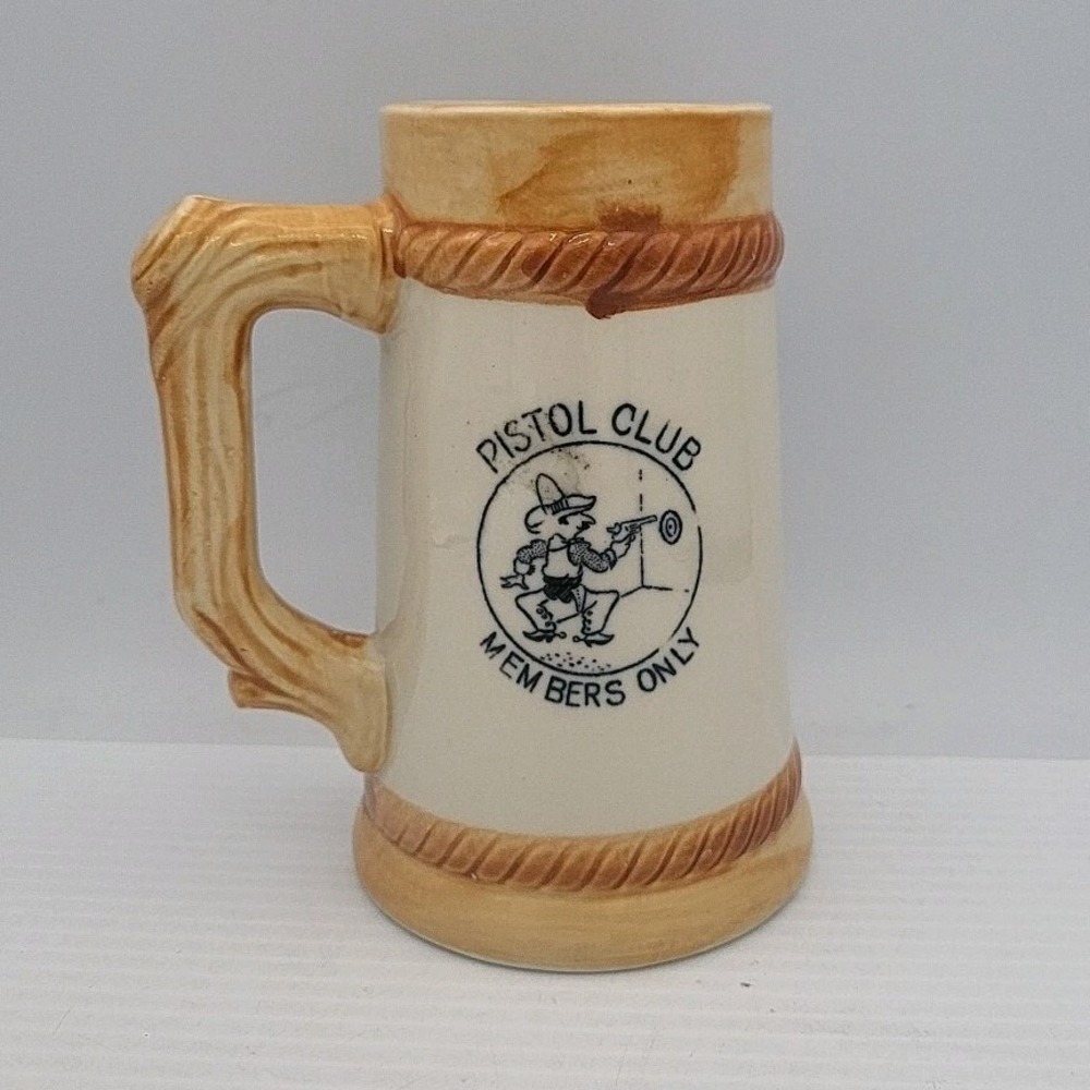 Vintage Ceramic Pistol Club Members Only Coffee Mug Gun Handle Novelty Beige